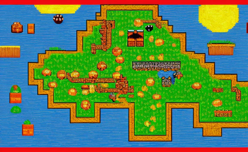 Prompt: level map from super mario world in the style of van gogh