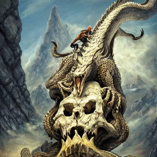 Image similar to rock climber climbing a giant ancient dragons skull, very detailed, fantasy art, dungeons and dragons, belaying, ropes, landscape, cover of national geographic