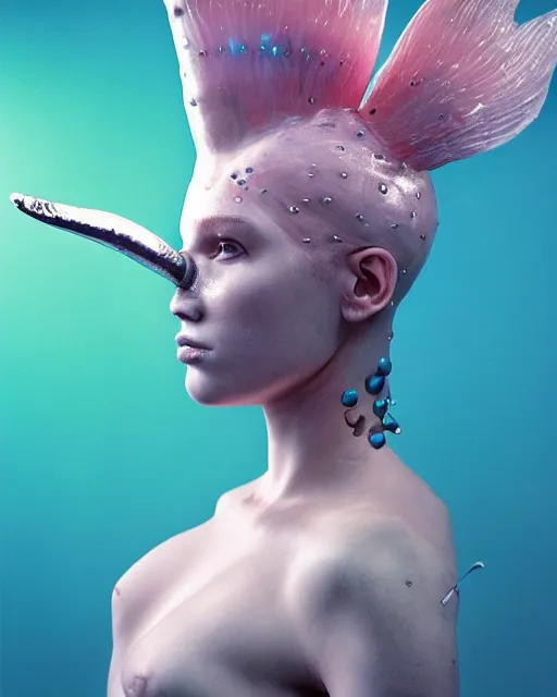 Prompt: natural light, soft focus portrait of a cyberpunk anthropomorphic narwhal with soft synthetic pink skin, blue bioluminescent plastics, smooth shiny metal, elaborate ornate head piece, piercings, skin textures, by annie leibovitz, paul lehr