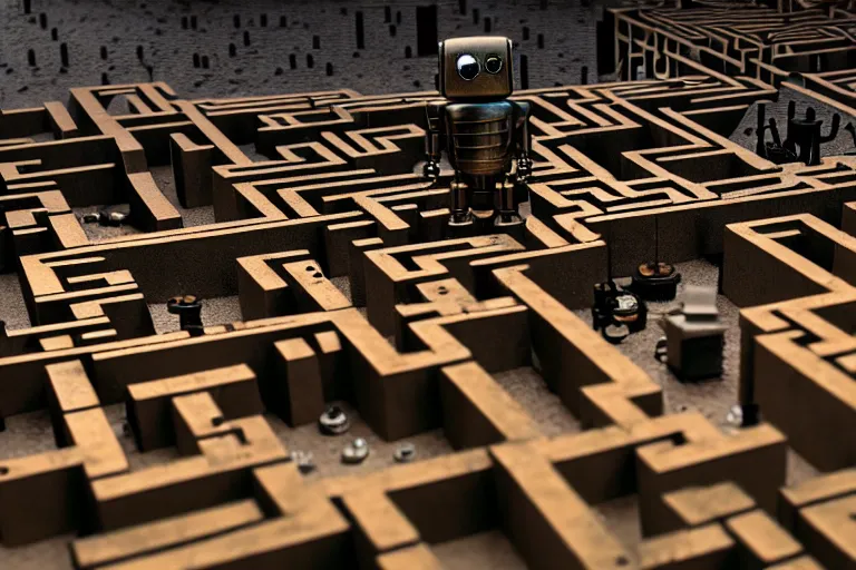 Prompt: a single steampunk robot in a maze by otto dix, tilt shift, ultra realistic, unreal engine, trending on artstation, 4 k