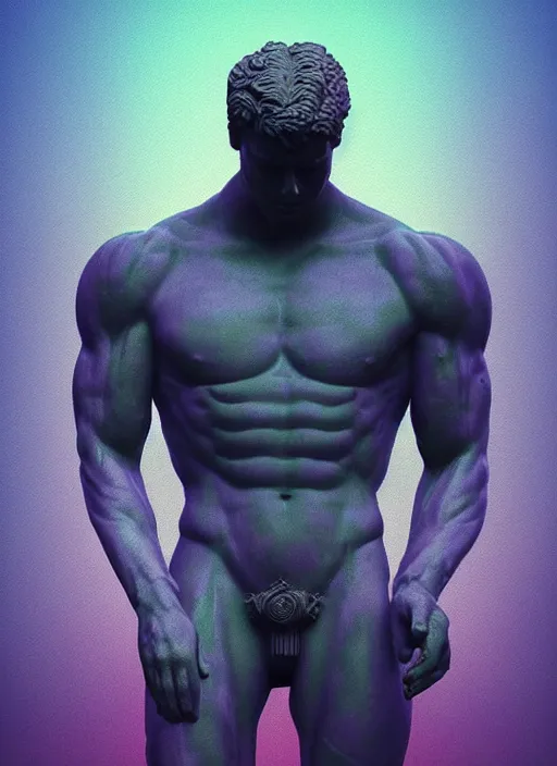 Image similar to statue of victorious hercules, beeple, vaporwave, retrowave, abstract neon shapes, tonal separation, black background, glitch, pixel sorting, strong contrast, pinterest, trending on artstation