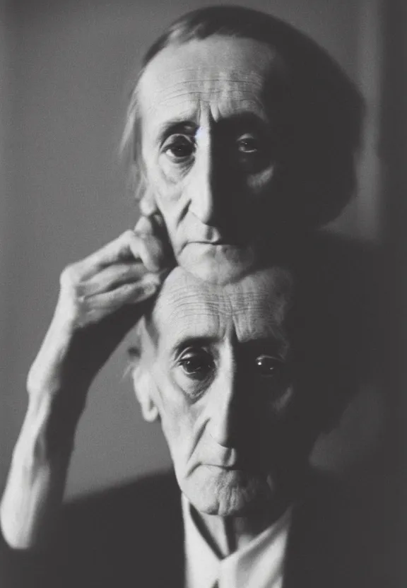 Image similar to a close - up casual photo of marcel duchamp with pensive eyes, 1 9 2 0 s monochrome snapshot, graflex 4 x 5, f 1. 8, 3 5 mm, ilford delta 3 2 0 0 pro