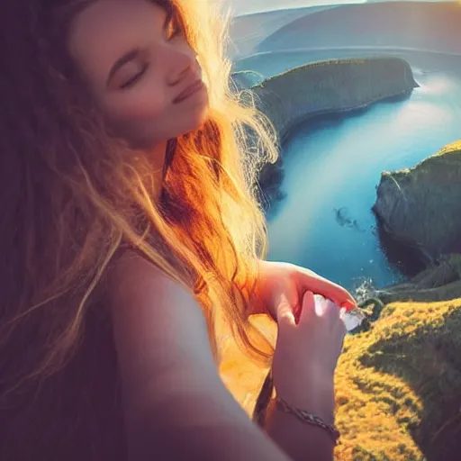 Prompt: Selfie of a beautiful woman with gorgeous flowy hair, standing over a cliff, beautiful volumetric lighting, subsurface scattering!!!!!!, (((((vivid))))) atmosphere, radiant sunshine, trending on artstation, 4k, 8k, artstation portrait imagery, fisheye!!!!! lens, instagram!!!!! selfie!!!!!