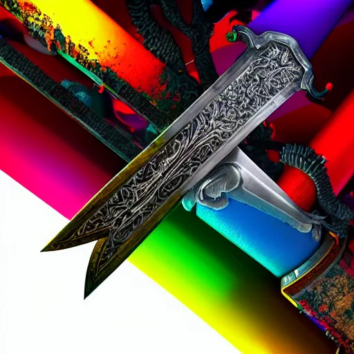 Prompt: a mythic legendary detailed multicolor sword, octane render, unreal engine, 3D, 8K, as coherent as Dall-E 2