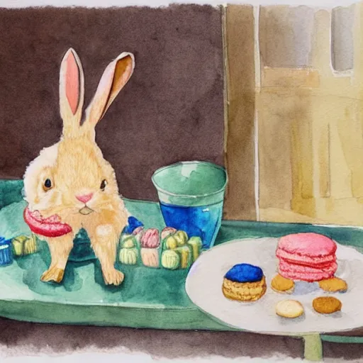 Prompt: a rabbit posing with cookies and macaroons in a kitchen, watercolour realism