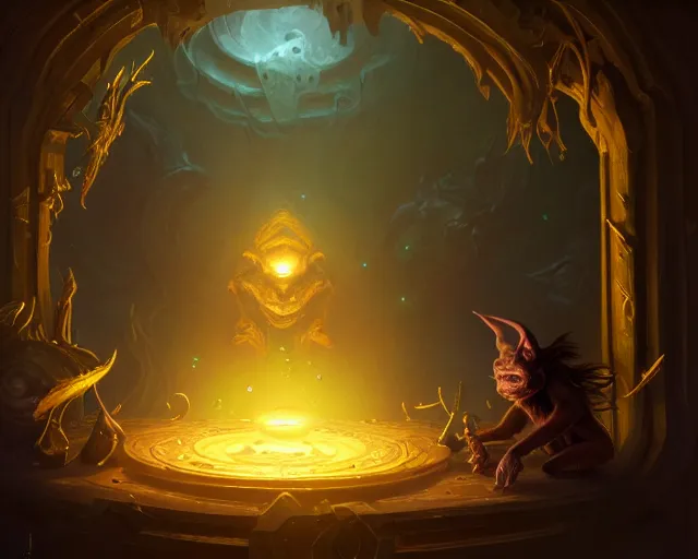 Image similar to a 4 k cinematic screenshot still portrait of a goblin in a dark liminal space room surrounded by gold, deep focus, d & d, fantasy, intricate, elegant, highly detailed, digital painting, art station, concept art, matte, sharp focus, illustration, dark fantasy style art, hearthstone, art by artgerm and greg rutkowski and alphonse mucha