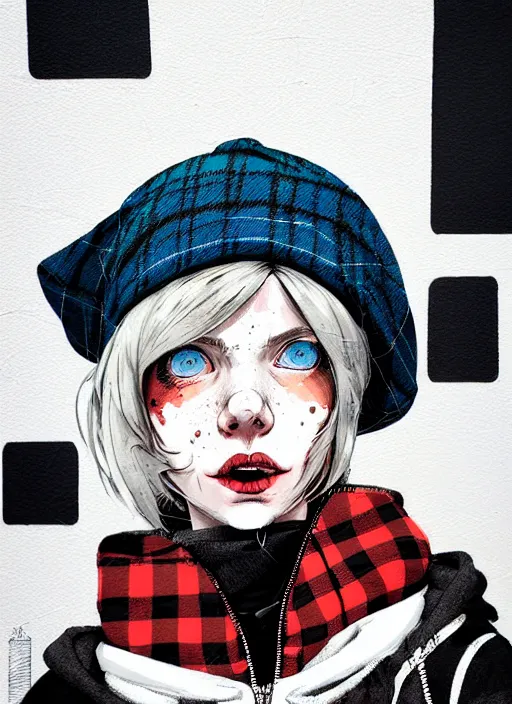 Prompt: highly detailed portrait of an new york sewer punk lady student, blue eyes, tartan hoody, hat, white hair by atey ghailan, by greg tocchini, by kaethe butcher, by james gilleard, gradient red, black, brown, cream and white color scheme, grunge aesthetic!!! ( ( graffiti tag wall ) )