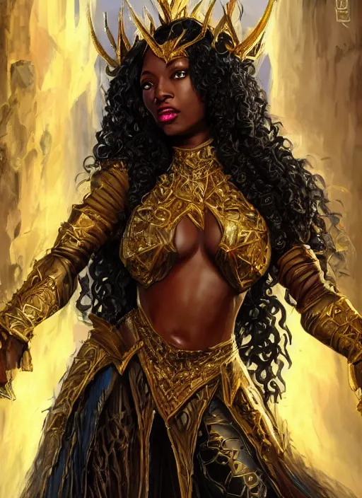 Prompt: black female queen, gold, ultra detailed fantasy, dndbeyond, bright, colourful, realistic, dnd character portrait, full body, pathfinder, pinterest, art by ralph horsley, dnd, rpg, lotr game design fanart by concept art, behance hd, artstation, deviantart, hdr render in unreal engine 5