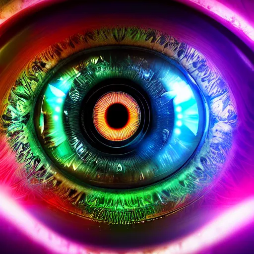 Image similar to Cybernetic Eye with intricate reflections and circuits, Close up, colorful, fantasy, vivid colors, concept art, sharp focus, digital art, Hyper-realistic, 4K, Unreal Engine, Highly Detailed, HD, Dramatic Lighting by Brom, trending on Artstation
