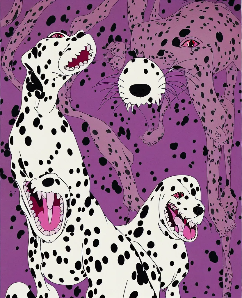 Prompt: beautiful painting from the anime film by studio ghibli, purple anthropomorphic Dalmatian, snarling, drooling, fur, by MC Escher