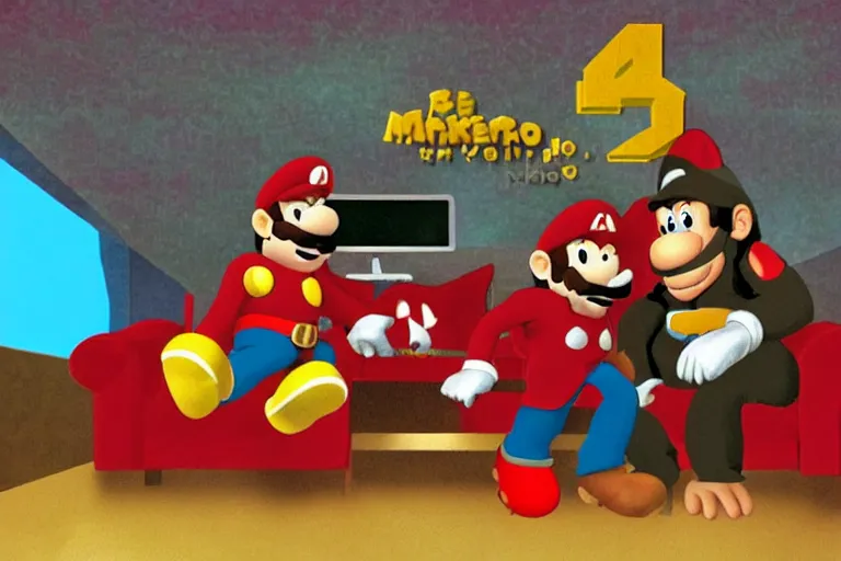 Prompt: a photo made with a disposable camera of Donkey Kong sitting next to Super Mario on the couch while playing a video game