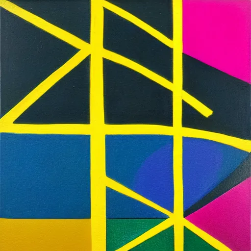 Image similar to painting of rectangle, triangle shapes ( blue, yellow, green ) divided by black lines