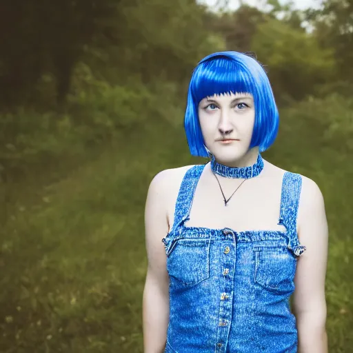 Prompt: Portrait of an unconventionally attractive young woman with short blue hair and a choker, portrait photography, upper body image, 35mm f/1.4, iso 100