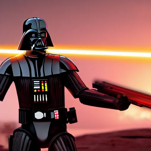 Image similar to darth vader wielding his light saber against robocop who is pointing a gun at him, against a barren landscape at sunset, warm, fine detail, epic composition, unreal engine.