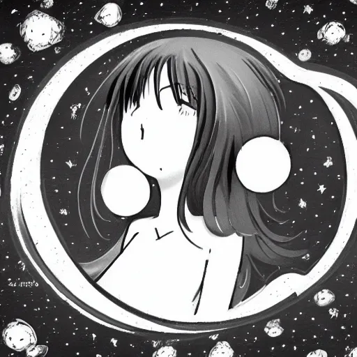 Prompt: a girl sleeping in the moon, anime style, black and white, bloom