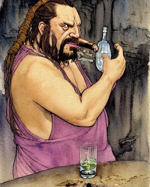 Image similar to a realistic and atmospheric watercolour fantasy character concept art portrait of a fat dirty qui - gon jinn drinking out of a bottle with pink eyes wearing a wife beater. by rebecca guay, michael kaluta, charles vess and jean moebius giraud