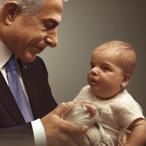 Image similar to benjamin netanyahu as a baby being breast fed by yair lapid. digital painting, high detail, 8 k, film still