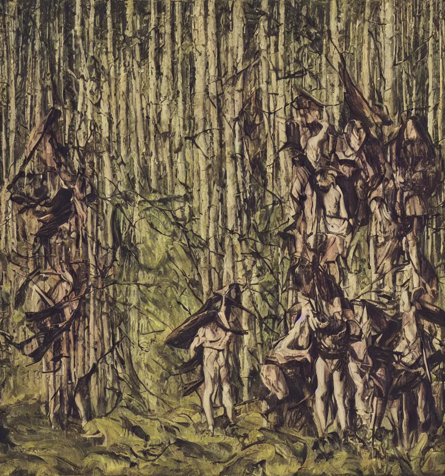 Prompt: four warrior angels lost in a forest painted by akseli gallen and ivanov vsevolod