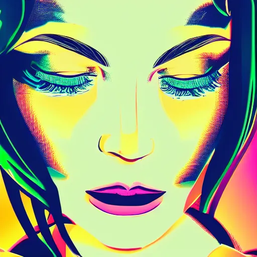 Prompt: a close up of a beautiful woman, in retro colors, synthwave style, 2 d digital vector art