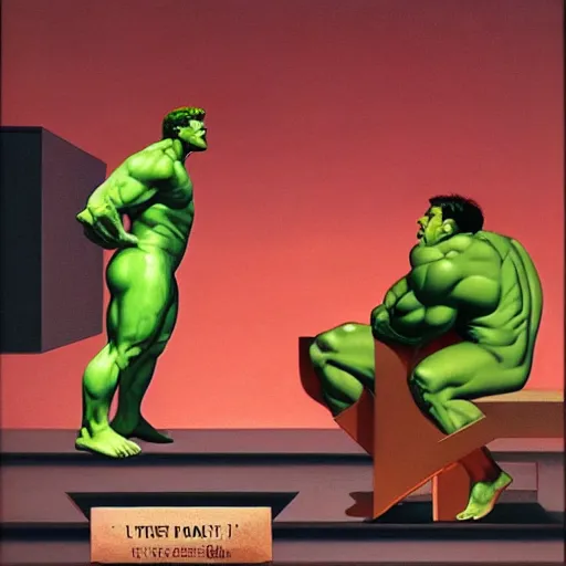 Image similar to the incredible-hulk is feeling weak by Raphael, Hopper, and Rene Magritte. detailed, romantic, enchanting, trending on artstation.