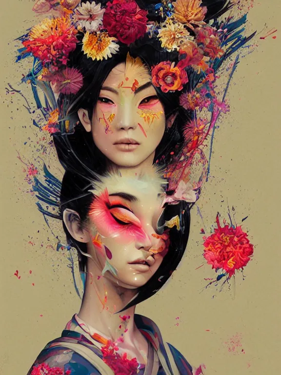 Image similar to art portrait of geisha with flower exploding out of head,by tristan eaton,Stanley Artgermm,Tom Bagshaw,Greg Rutkowski,Carne Griffiths,trending on DeviantArt,face enhance,chillwave,minimalist,cybernetic, android, blade runner,full of colour,