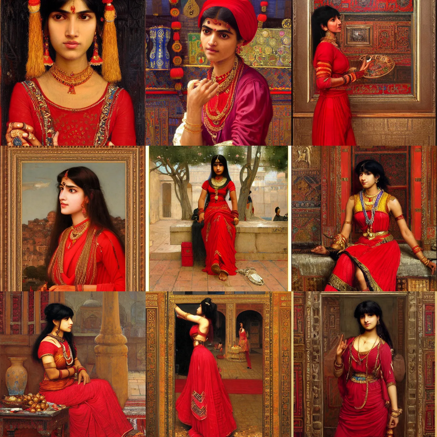 Prompt: orientalist portrait of an indian woman with bangs wearing a red dress selling tapestries in a busy marketplace intricate artwork by Fabio Fabbi and john william waterhouse and Edwin Longsden Long and Nasreddine Dinet and Theodore Ralli trending on artstation, very coherent symmetrical artwork high detail 8k
