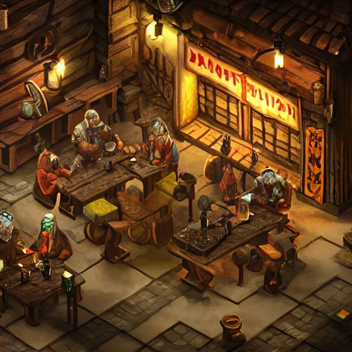 Image similar to Isometric D&D tabletop game miniature tavern, orc themed, dark, evil looking, very realistic, cinematic lighting, CGI render, trending on artstation