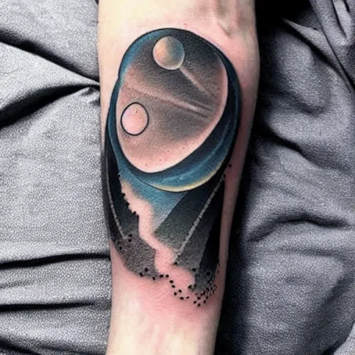 Image similar to a small black tattoo based on the universe on the arm, whole tattoo, realistic, very detailed