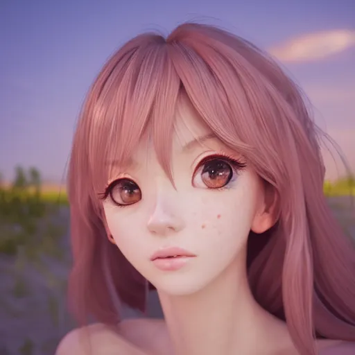 Image similar to Render of a beautiful 3d anime woman, long light pink hair, full bangs, hazel eyes, cute freckles, full round face, soft smile, Chinese heritage, cute checkerboard sundress, golden hour, serene beach setting, medium shot, mid-shot, hyperdetailed, trending on Artstation, Unreal Engine 4k
