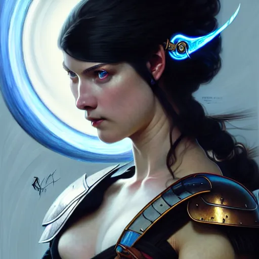 Image similar to portrait, woman dressed in plate armor with black hair and blue eyes wielding a greatsword, elegant, digital illustration, fire magic, detailed, intricate, sharp focus, digital painting, deep focus, digital painting, artstation, concept art, matte, art by artgerm and greg rutkowski and alphonse mucha