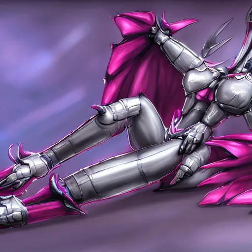 Image similar to very close up foot pov shot, detailed foot shot, feet art, hyperdetailed elegant beautiful stunning hot anthropomorphic mecha female dragon, sharp silver armor fuchsia skin, laying down showing quality mecha dragon feet at camera, furry paw, anthro paw, dragon paw, claws, detailed paws, warframe fanart, furaffinity, deviantart, ekasportal