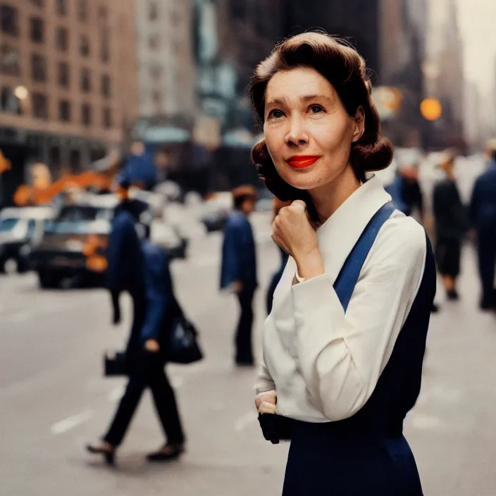 Prompt: medium format film close up portrait of a walking business woman in new york by street photographer, 1 9 6 0 s hasselblad film photography, featured on unsplash, soft light photographed on colour vintage film