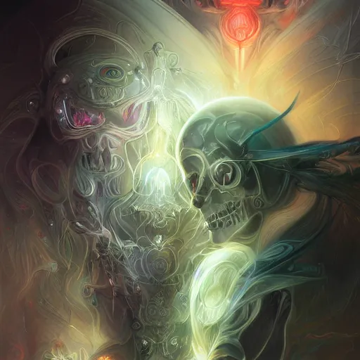 Image similar to a portrait of gemini light and dark neon grim reaper character portrait made of fractals facing each other, ultra realistic, wide angle, intricate details, the fifth element artifacts, highly detailed by peter mohrbacher, hajime sorayama, wayne barlowe, boris vallejo, aaron horkey, gaston bussiere, craig mullins