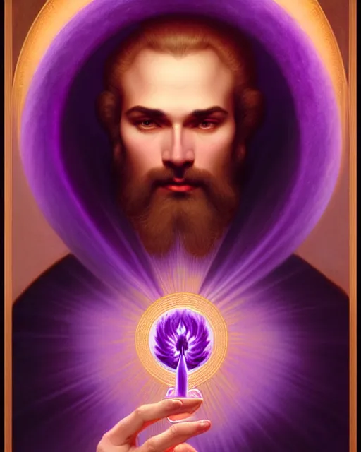 Prompt: portrait of saint germain, he is holding the violet purple indigo flame, completely violet colored, intricate, elegant, highly detailed, digital painting, artstation, concept art, smooth, sharp focus, illustration, art by artgerm and greg rutkowski and fra angelico and alphons mucha