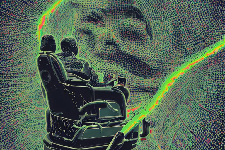 Prompt: man laying on a dentist's chair connected to a machine in a room filled with computer cables and organic material by nikita panin and din burns and phosphor, glitch art, large patches of colors, high contrast, intricate, hyper detailed