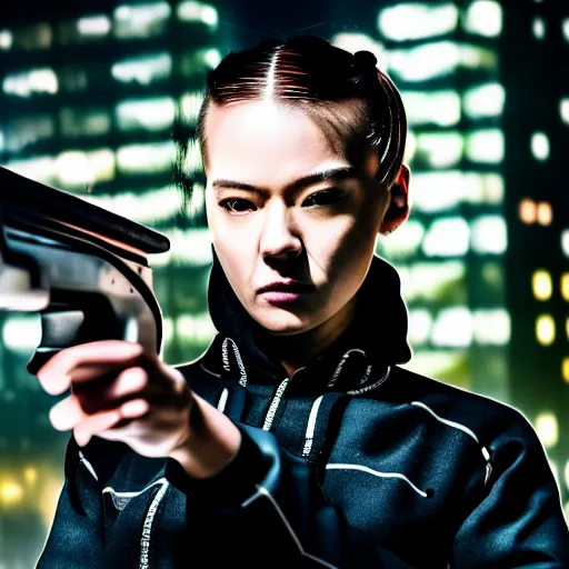 Image similar to photographic portrait of a techwear woman holding a shotgun, holding shotgun down, closeup, on the rooftop of a futuristic city at night, sigma 85mm f/1.4, 4k, depth of field, high resolution, full color, award winning photography, inspired by Kill Bill, inspired by John Wick, inspired by Die Hard, movies with guns, movie firearms