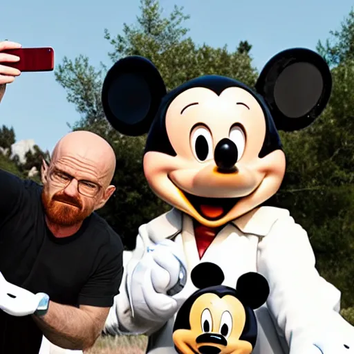 Prompt: walter white and jesse pinkman doing a selfie with mickey mouse, realistic