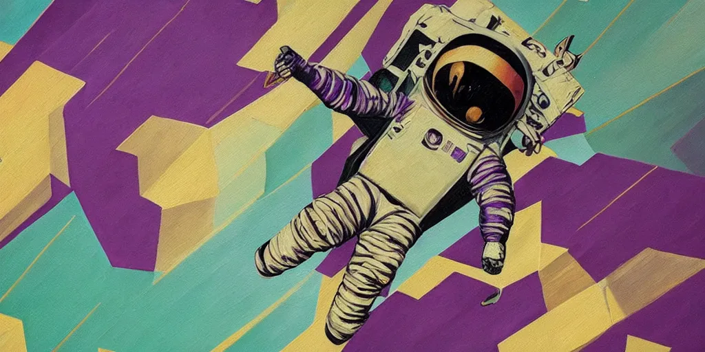 Image similar to insane _ detail _ textured _ art _ deco _ painting _ of _ astronaut _ full _ body _ flying _ from _ bottom _ left _ to _ top _ right _ muted _ greens _ and _ browns _ geometric _ gold _ and _ deep _ purple