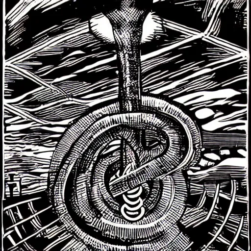 Prompt: an illustration of the rod of asclepius by stanley donwood