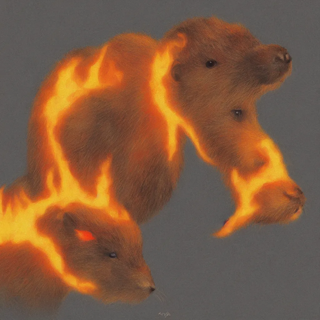 Image similar to one capybara on fire, digital oil painting