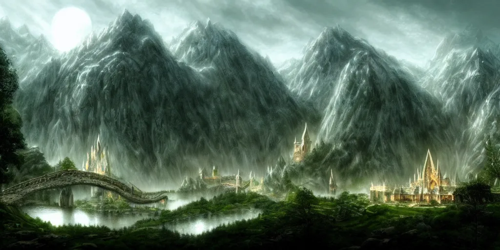 Image similar to lord of the ring. elegant, beautiful elf city. white stone elvish village. rivendell. mountains. beautiful forest. concept art. epic. cinematic. artstation.