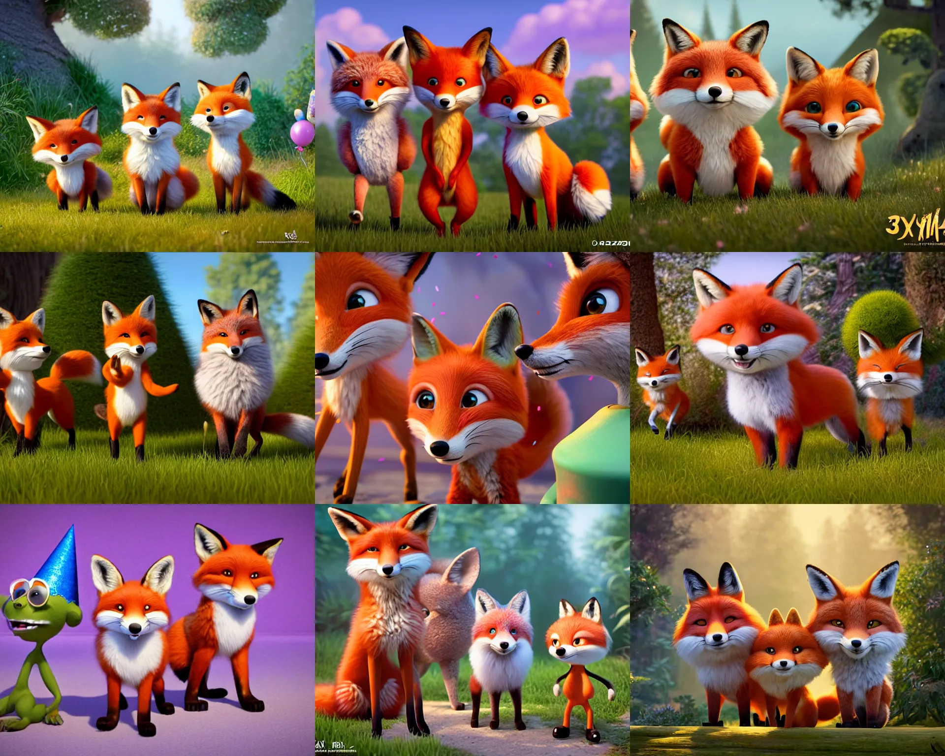 Prompt: 3 foxes of different color celebrating a birthday party, rich aquarel, dynamic lighting, intricate detail, fur visible, nature background, 3d, ultra hd, character design by Mark Ryden and Pixar and Hayao Miyazaki, unreal 5, DAZ, hyperrealistic, octane render, cosplay, RPG portrait, dynamic lighting, intricate detail, summer vibrancy, cinematic