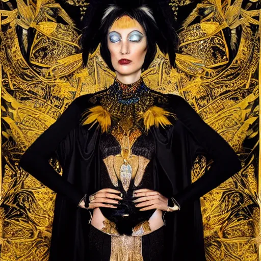 Image similar to a breathtaking portrait of a fierce proud queen of ravens, in a black dress with a collar made of iridescent feathers and golden adornments, geometrical background, gold foil, intricate details, by soey milk and amir ershadi and anja millen