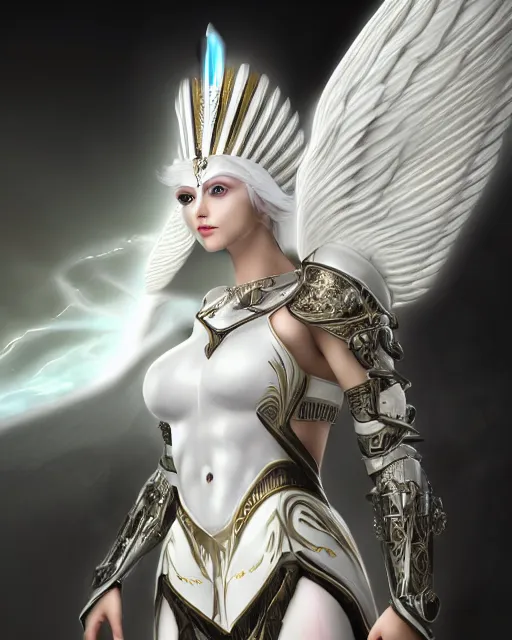 Image similar to perfect white haired egyptian goddess wearing white dove wings, warframe armor, regal, attractive, ornate, sultry, beautiful, charlize theron, half asian, pretty face, blue eyes, illuminated, scifi platform, 4 k, ultra realistic, epic lighting, cinematic, masterpiece, art by akihito tsukushi, voidstar, trending on artstation