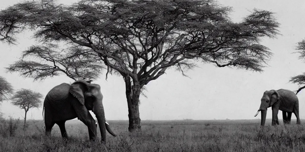 Prompt: photo of an elephant with trees growing from it top spine, in the background, a dead field of cut down trees