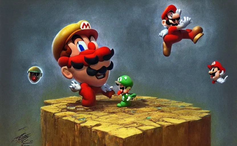 Prompt: super Mario faces off against Bowser by Beksinski