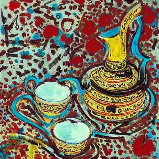 Image similar to Arabic calligraphy, Moroccan tea set, painting by jackson pollock