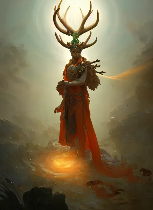 Image similar to Gigantic Deity with a halo made of antlers and translucent mushrooms, extremly detailed digital painting, in the style of Fenghua Zhong and Ruan Jia and Jeremy Lipking and Peter Mohrbacher, mystical colors, rim light, beautiful lighting, 8k, stunning scene, raytracing, octane, trending on artstation