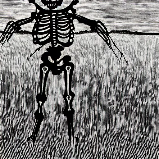 Image similar to skeleton scarecrow in a field, printmaking