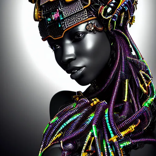 Image similar to portrait of an absurdly beautiful, graceful, sophisticated, fashionable african cyberpunk mechanoid gravure idol, ultrafine hyperdetailed illustration by irakli nadar, matt wisniewski style, marvel comics, intricate linework, ebony skin, neon jellyfish headdress, ivory carved ruff, unreal engine 5 highly rendered, global illumination, radiant light, detailed and intricate environment